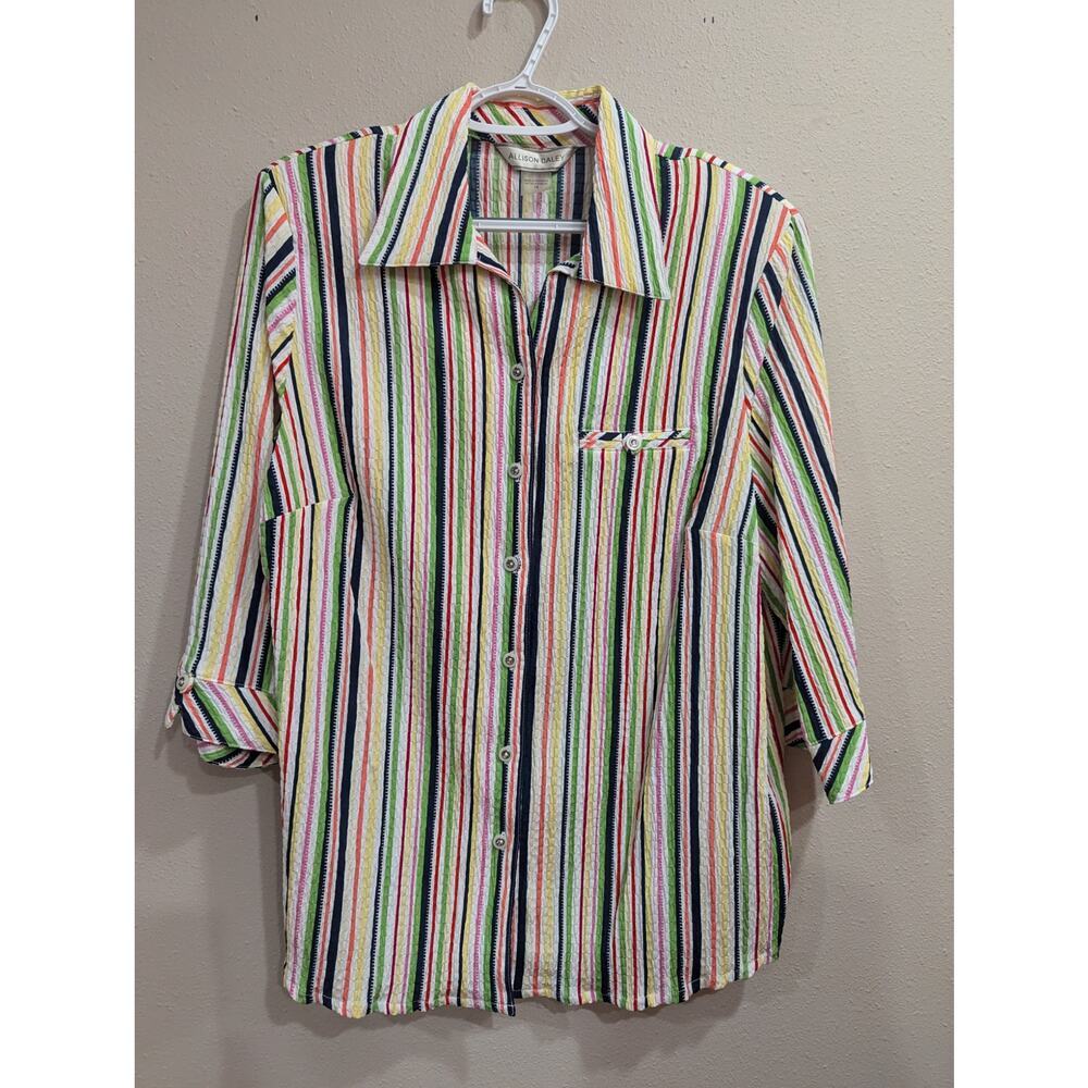 White w/rainbow vertical striped searsucker button up collared roll tab sleeves